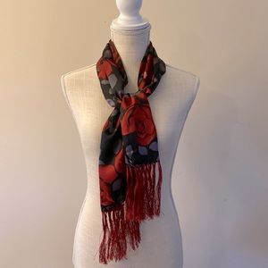 Silk 100% Red Rose women’s fashion scarf with fringe trim double fabric seam